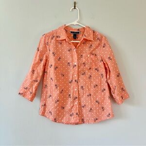 Karen Scott Petites M Cotton Shirt Coral Bicycle Polka Dot Easter Spring Blouse